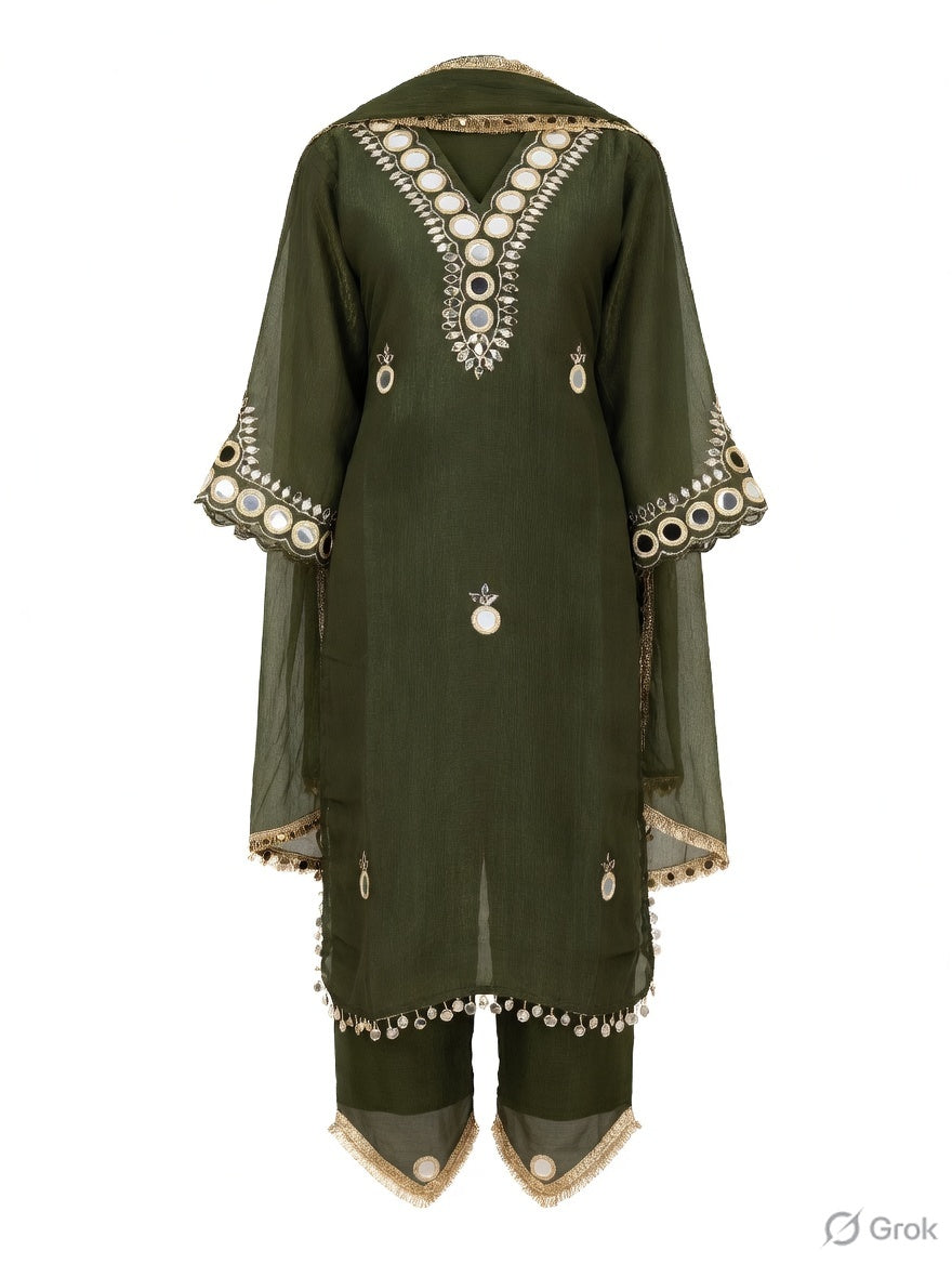 Olive Green Mirror work kurta set