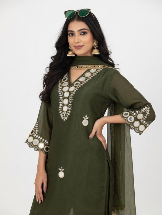 Olive Green Mirror work kurta set