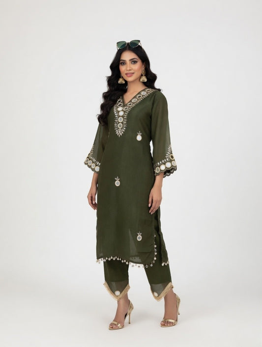 Olive Green Mirror work kurta set