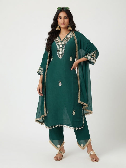 Teal Mirror work kurta set
