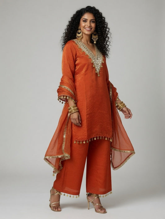 Rust-orange mirror work set