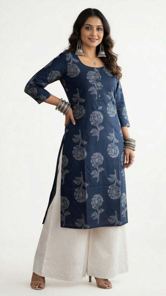 Indigo Blossom Button Kurti