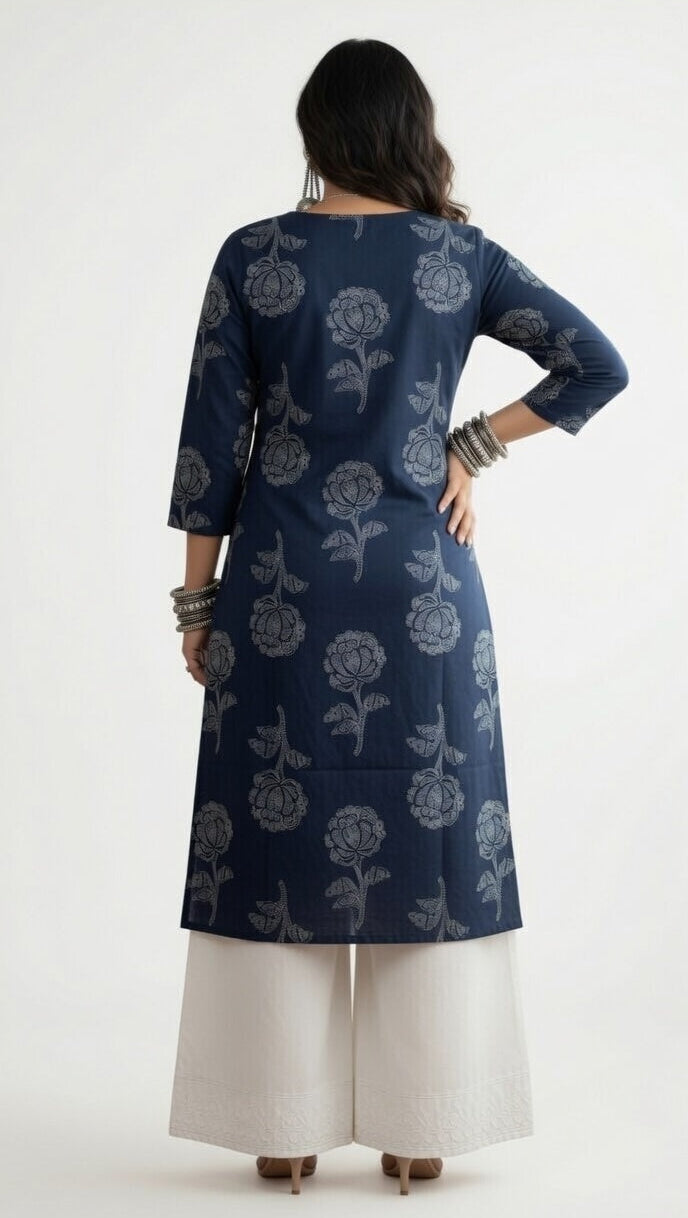 Indigo Blossom Button Kurti