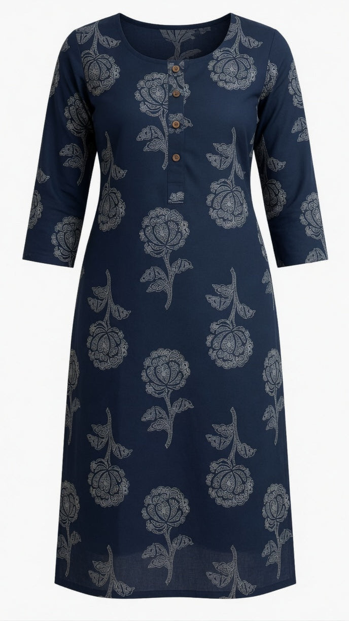 Indigo Blossom Button Kurti