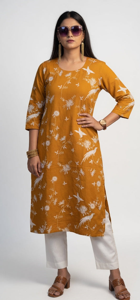 Mustard Bloom Hand-Embroidered Kurti