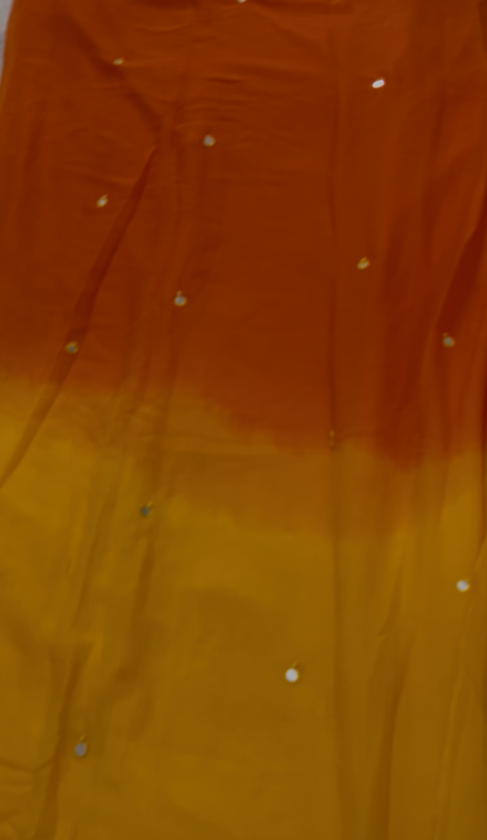 Orange-Yellow Ombre Mirror Work Saree, fabric close-up