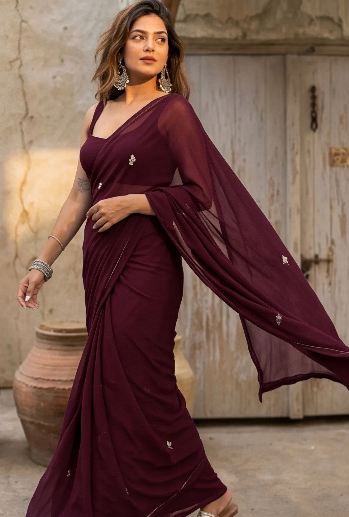 Wine leaf motif saree embroidery close-up