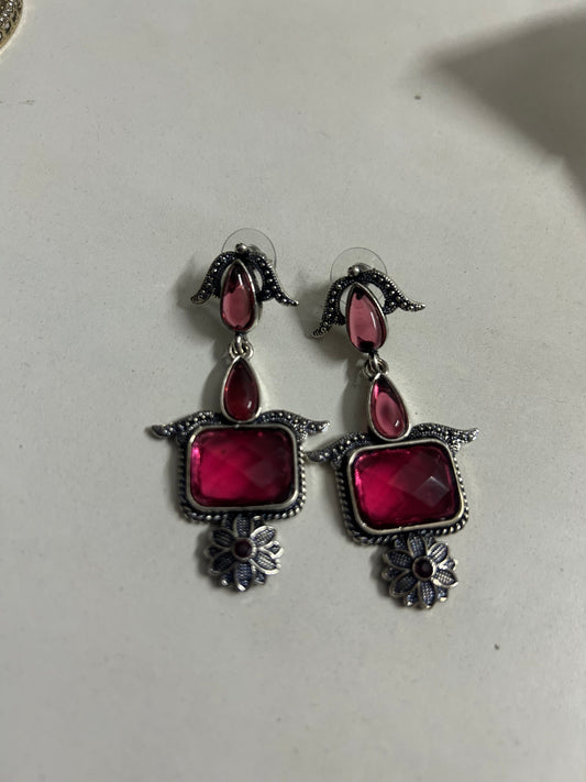 Rani Pink Square Stone Silver Floral Drop Earrings
