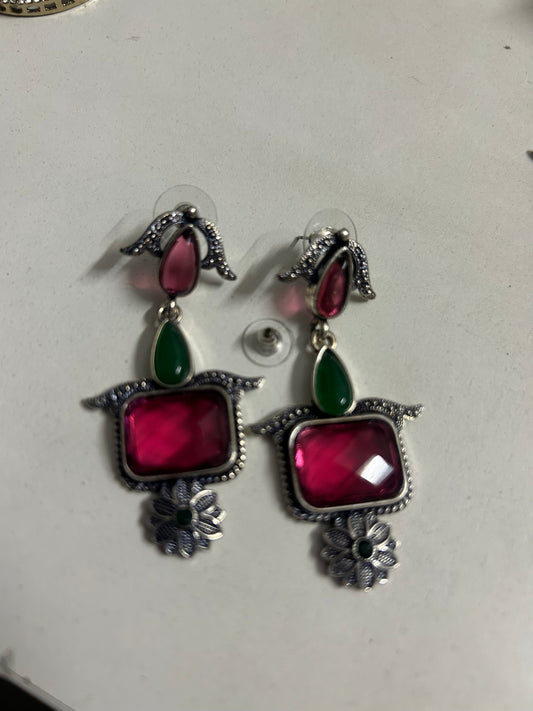 Pink & Green Square Stone Silver Floral Drop Earrings