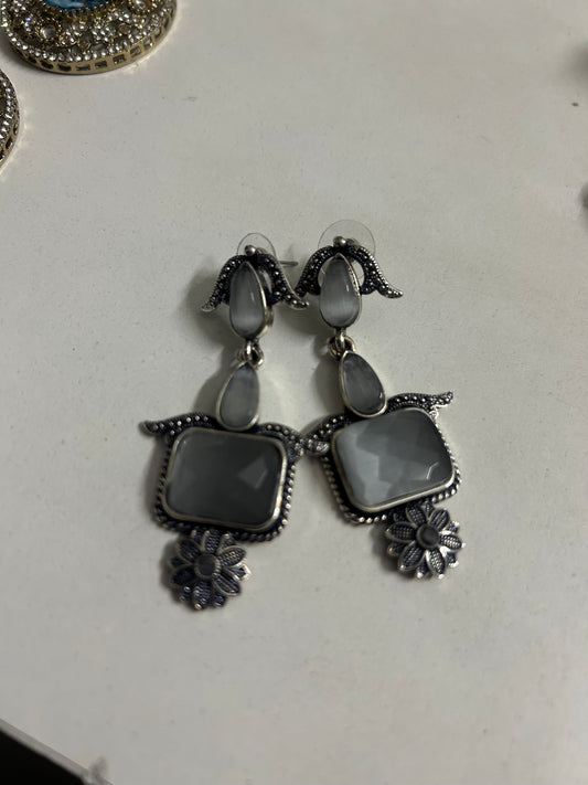 Grey Square Stone Silver Floral Drop Earrings