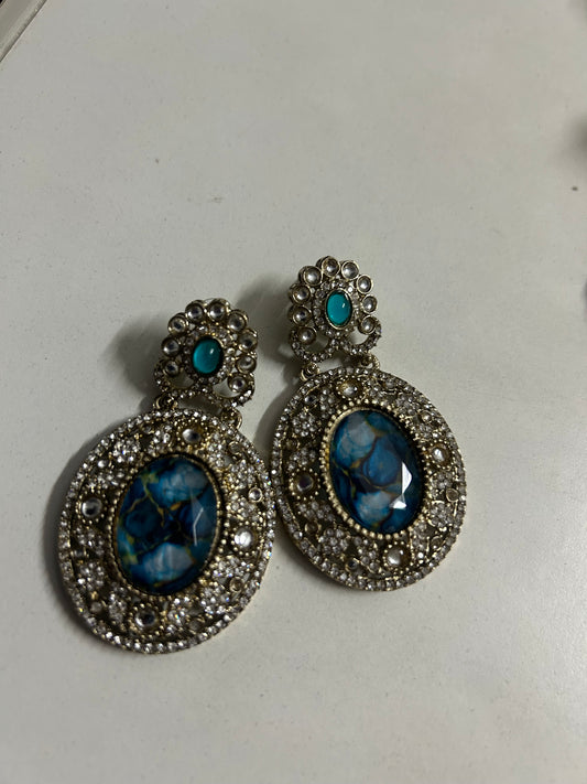 Blue Marble Stone Kundan Oval Drop Earrings
