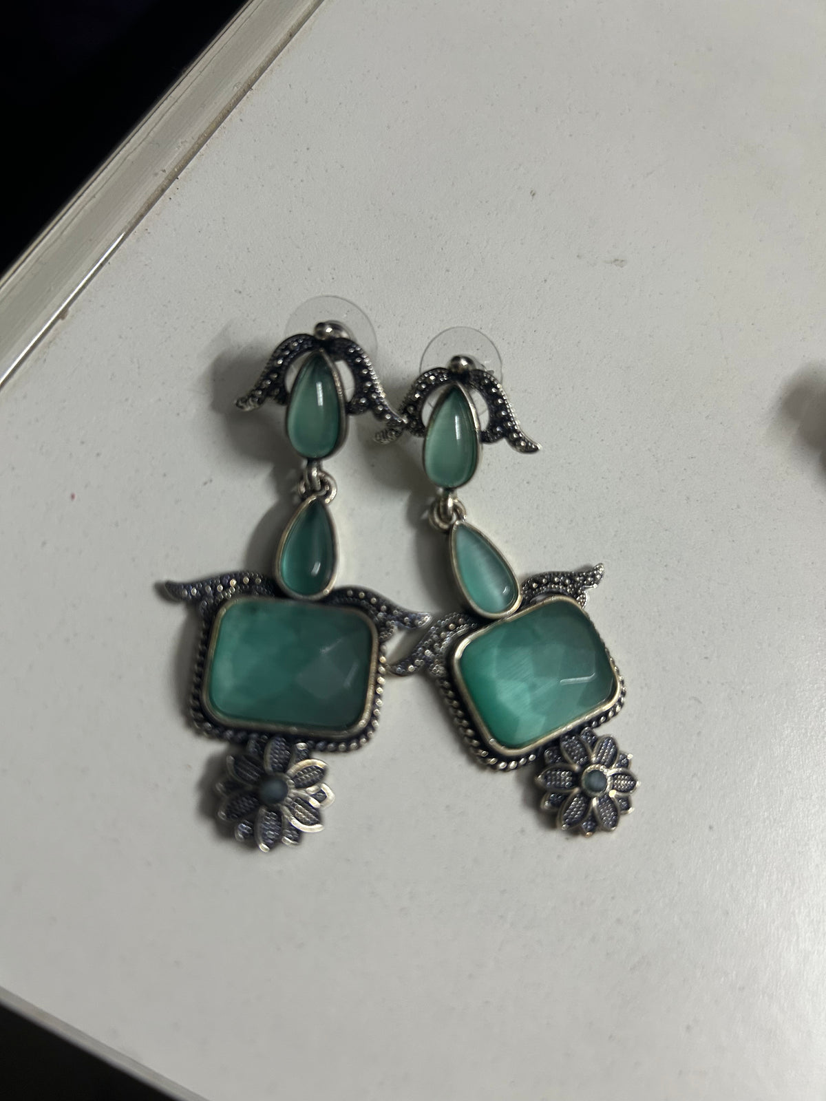 Mint Green Square Stone Silver Floral Drop Earrings