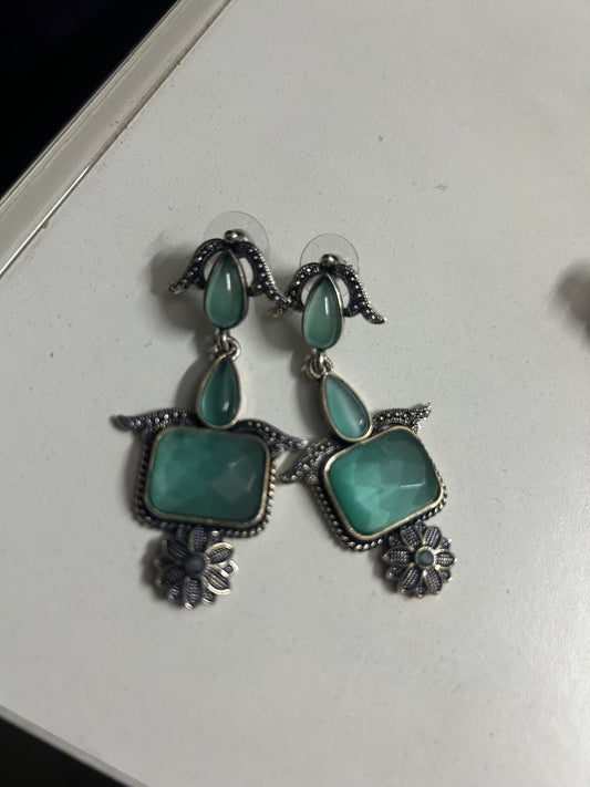 Mint Green Square Stone Silver Floral Drop Earrings