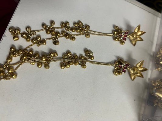 Kashmiri Ghungroo Long Chain Earrings with Ruby Kundan Flower