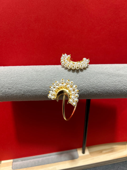 Gold Pearl Cluster Crescent Cuff Bangle