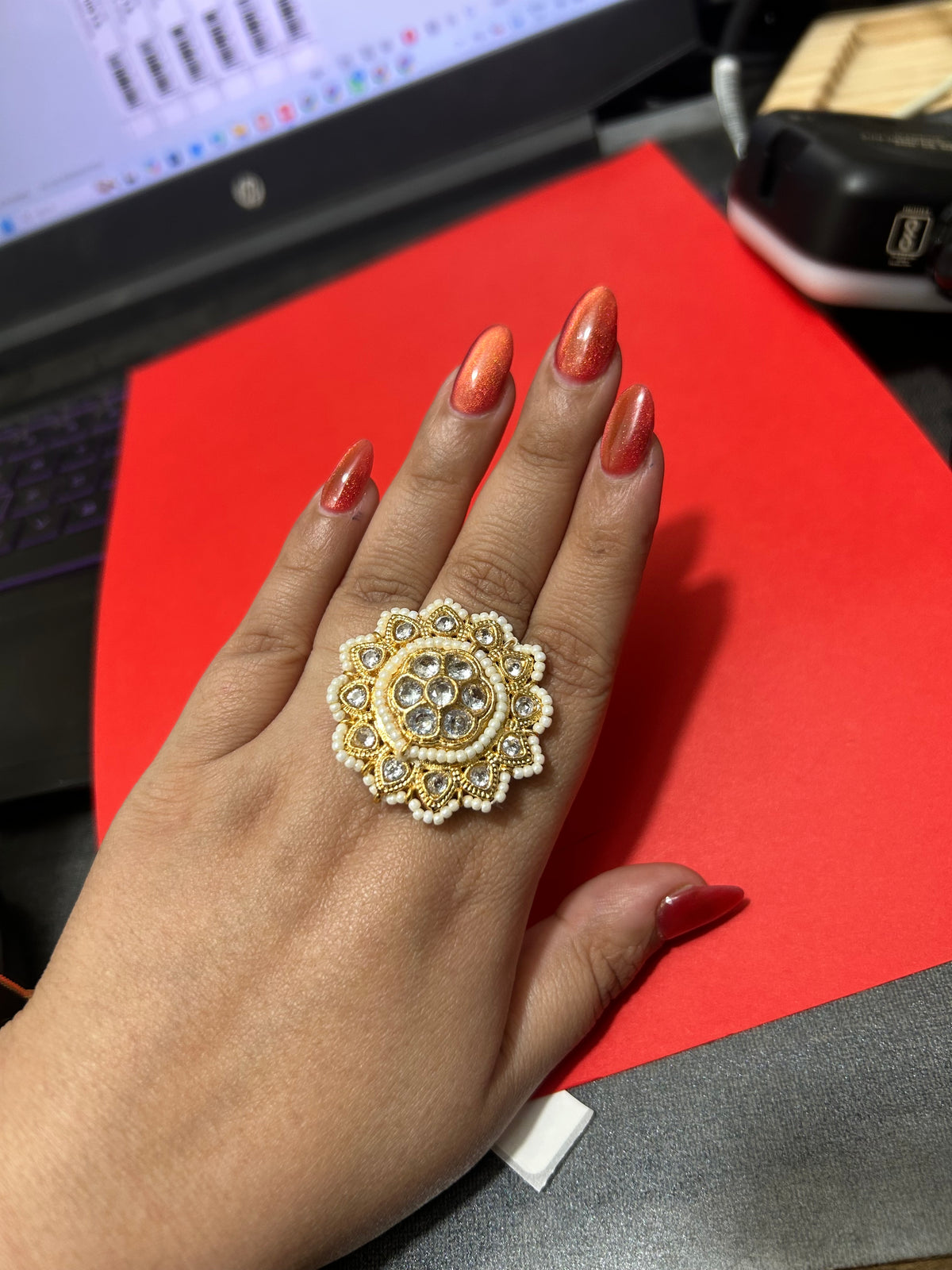 Kundan Pearl Flower Cocktail Ring