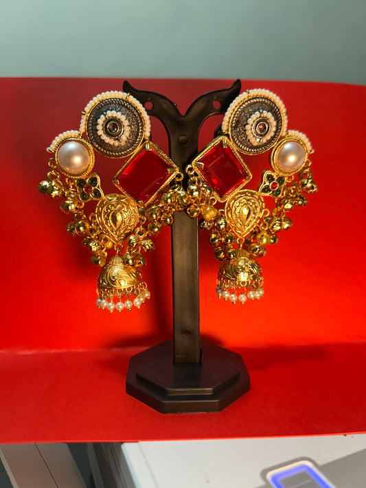 Pearl & Square Stone Ghungroo Jhumka Earrings