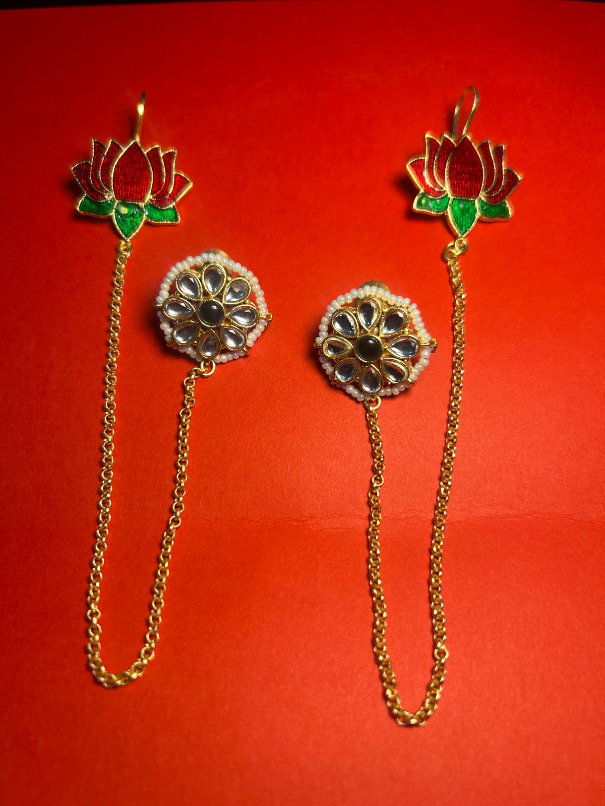 Lotus Meenakari Kundan Stud Earrings with Ear Chain