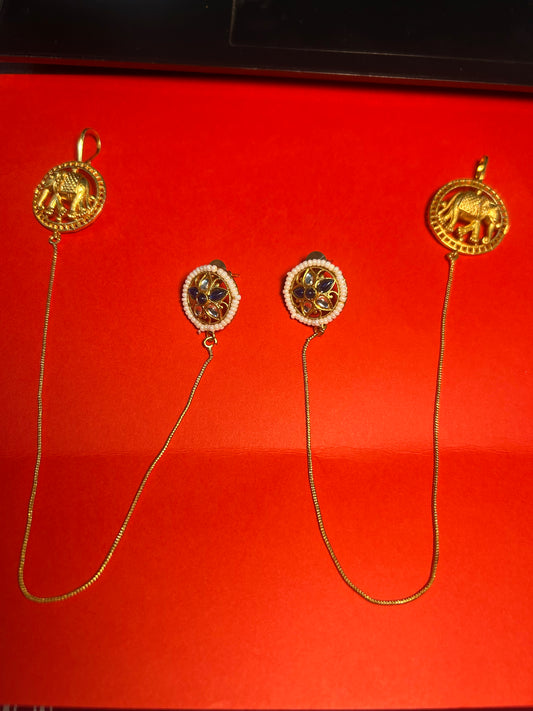 Elephant Motif Kundan Stud Earrings with Ear Chain