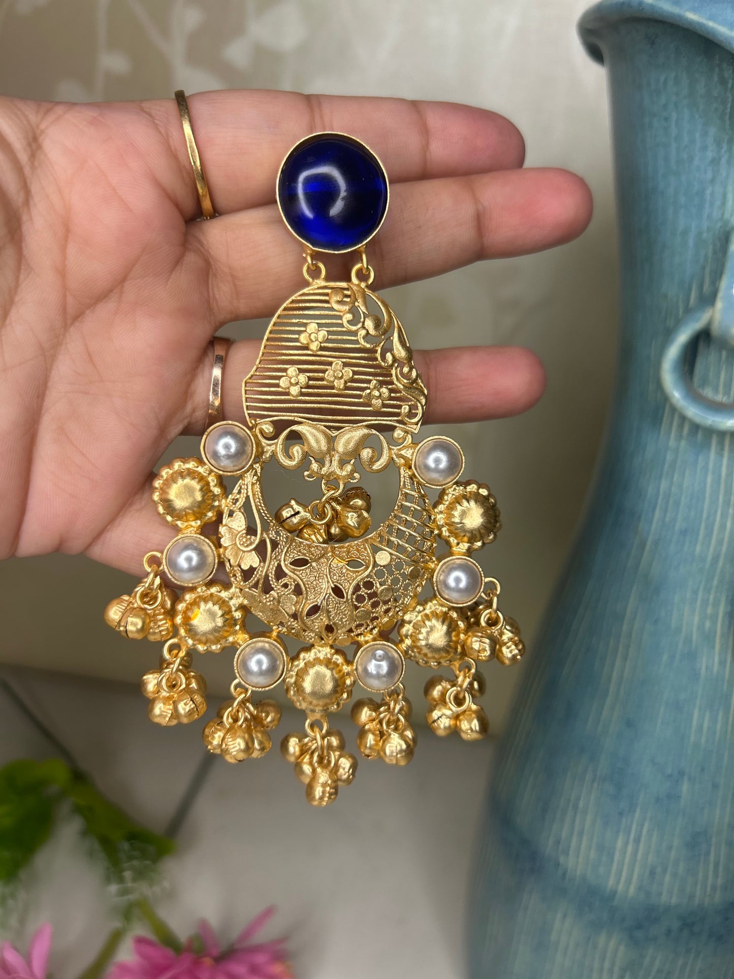 Kashmiri ghunghroo chand baliyan Blue stone earings