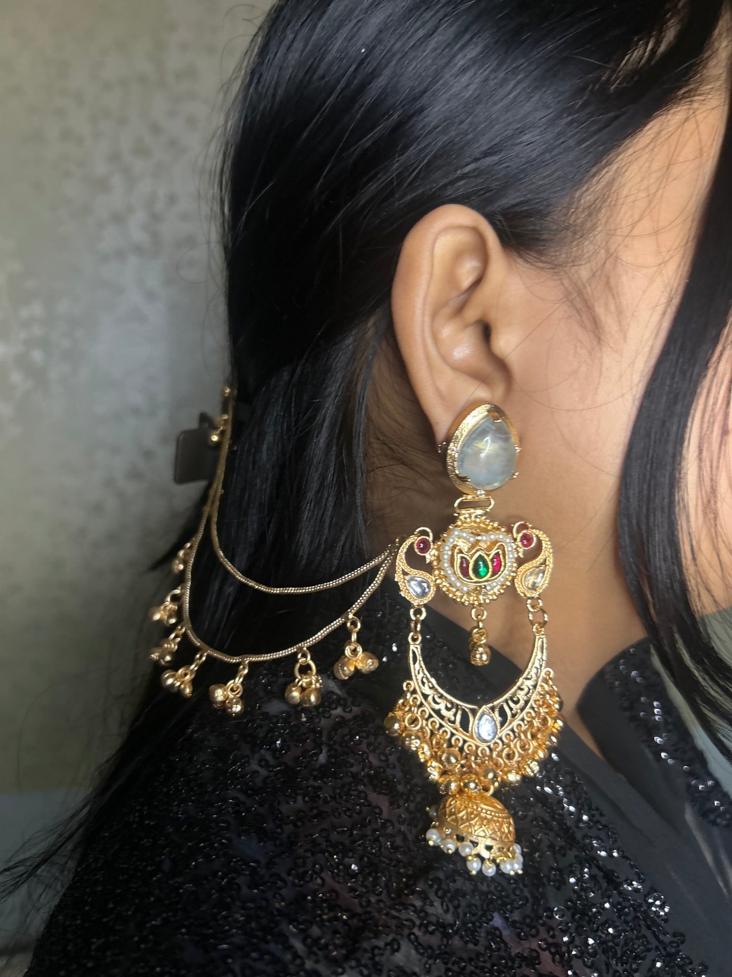 Kashmiri ghunghroo chand baliya, jhumka at end with ghunghroom kaan chain