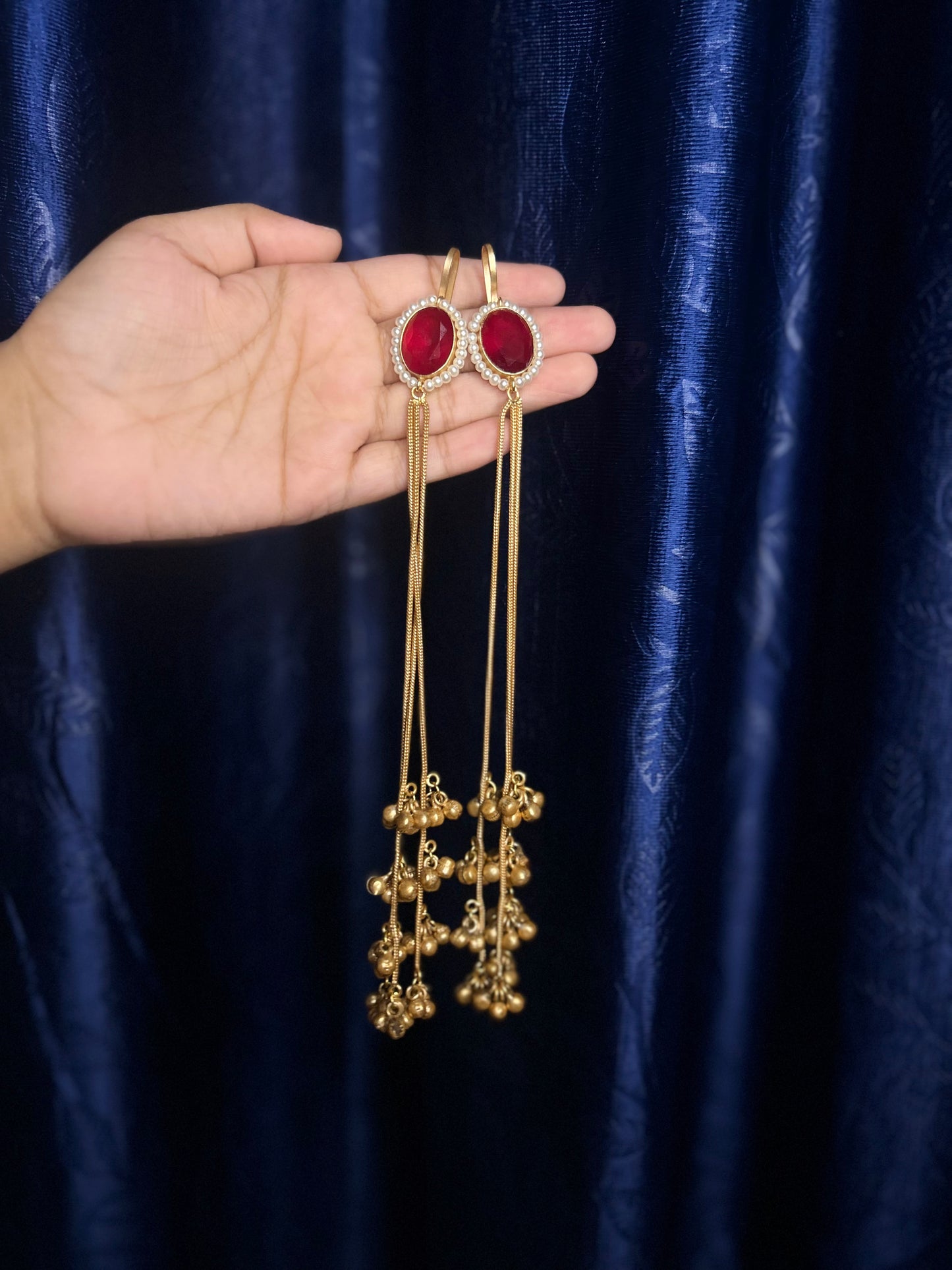 Kashmiri ghunghroo long string, Red stone earings