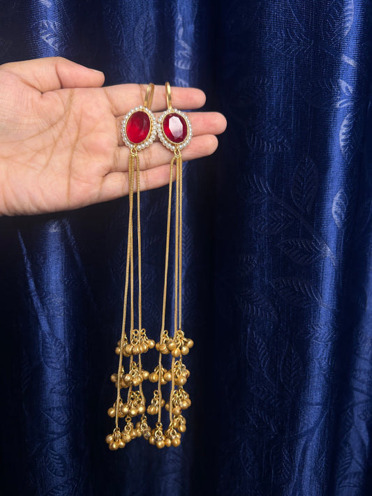 Kashmiri ghunghroo long string, Red stone earings