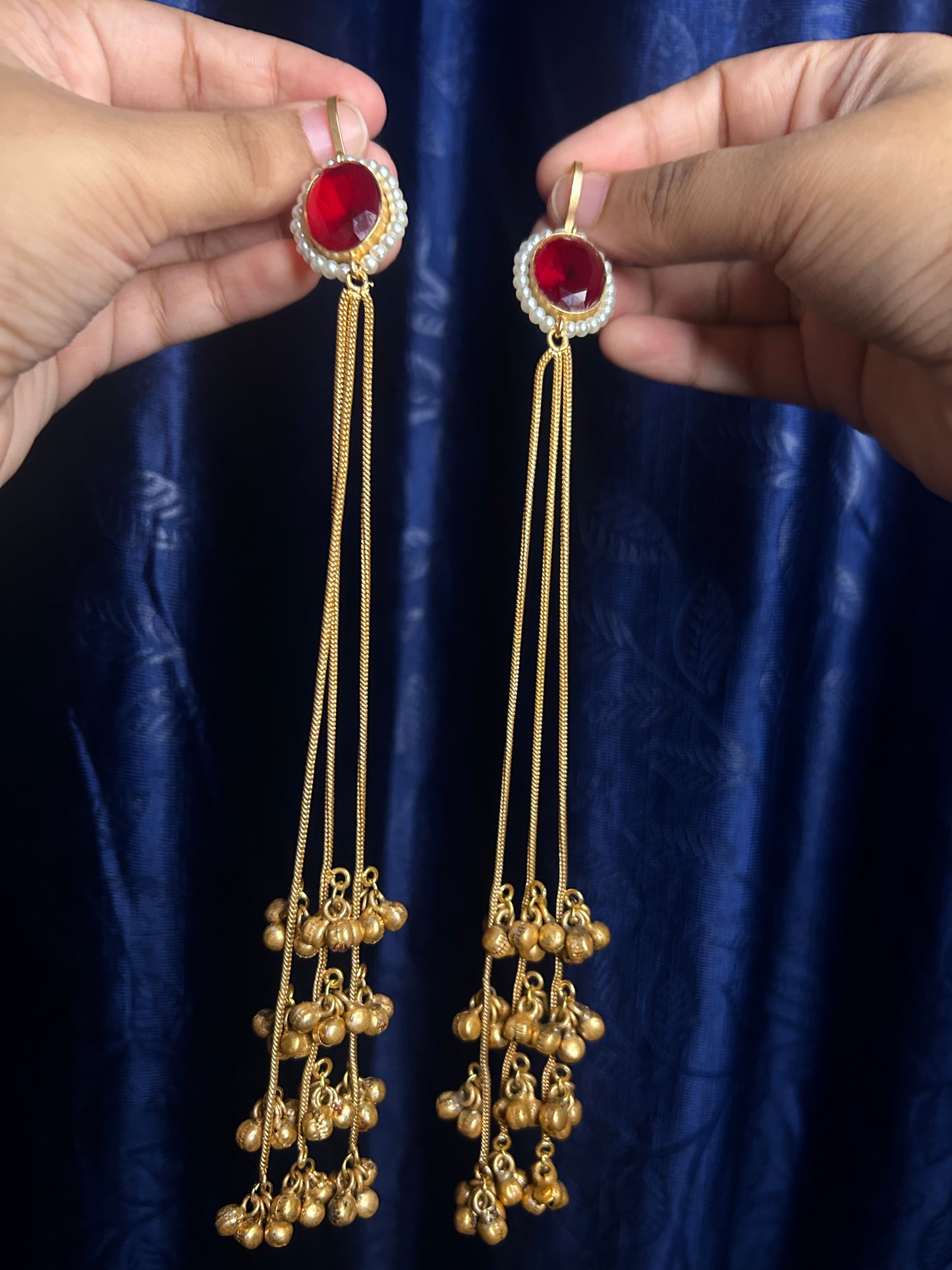 Kashmiri ghunghroo long string, Red stone earings
