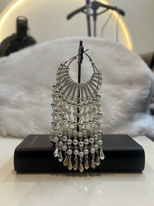 Silver Pearl Layered Chandbali Hoop Earrings