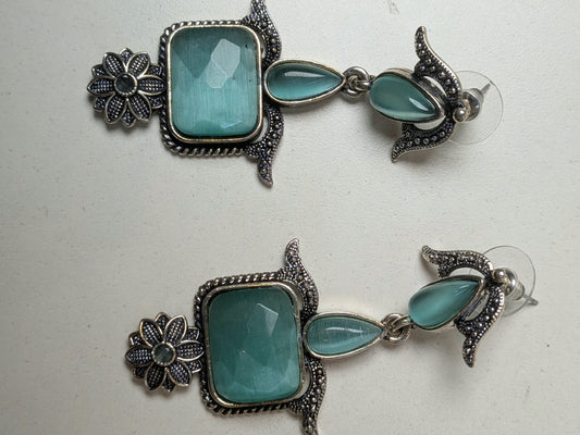 Sky Blue Square Stone Silver Floral Drop Earrings
