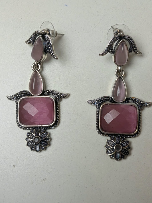 Pink Square Stone Silver Floral Drop Earrings