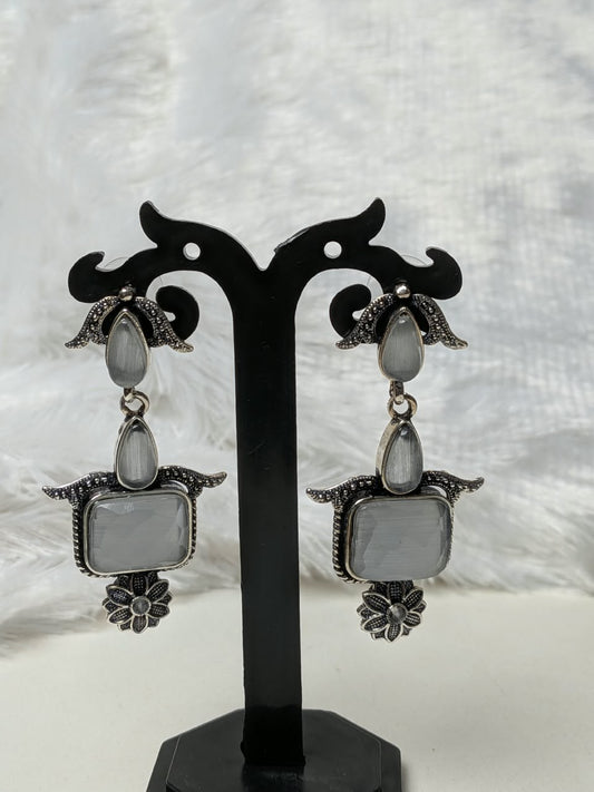 White Square Stone Silver Floral Drop Earrings