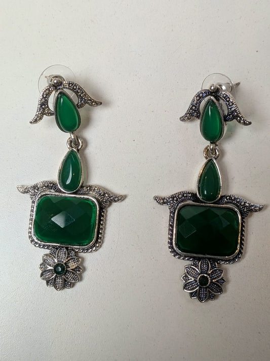 Emerald Green Square Stone Silver Floral Drop Earrings