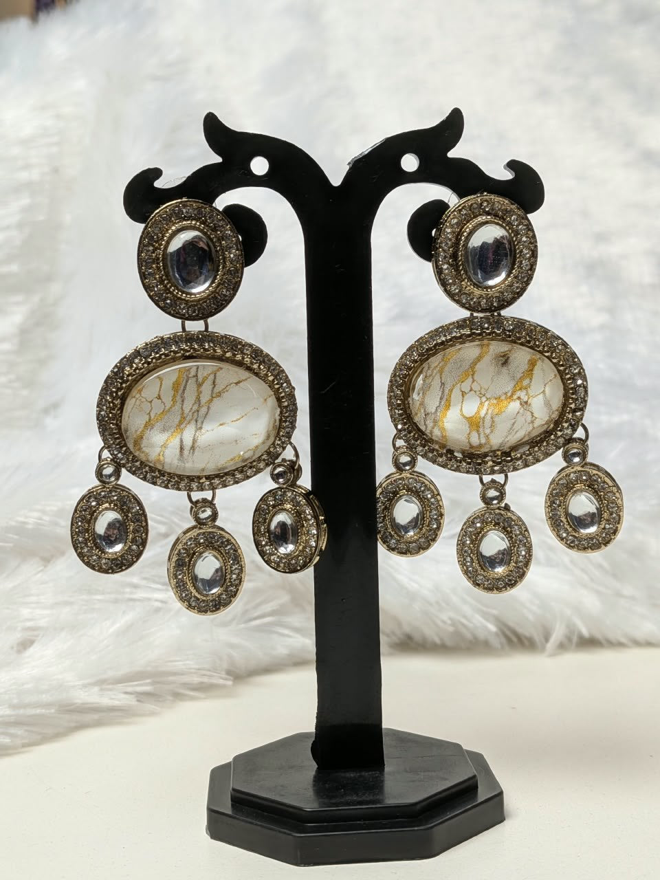 Kundan Oval Marble Stone Chandbali Earrings