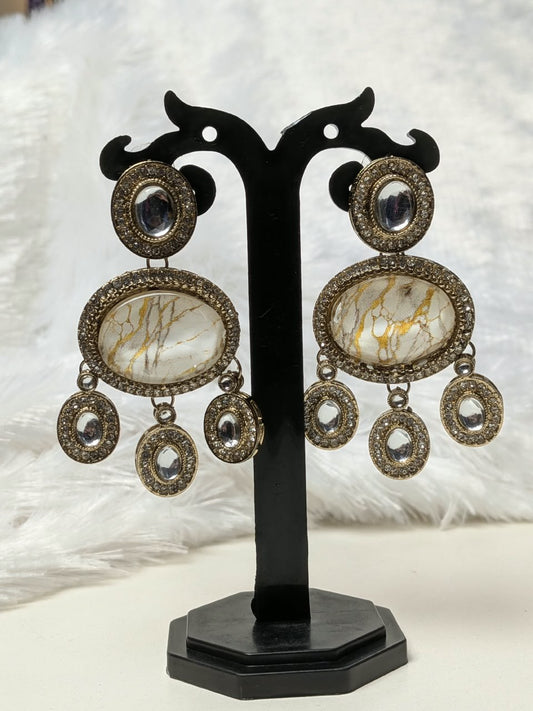 Kundan Oval Marble Stone Chandbali Earrings