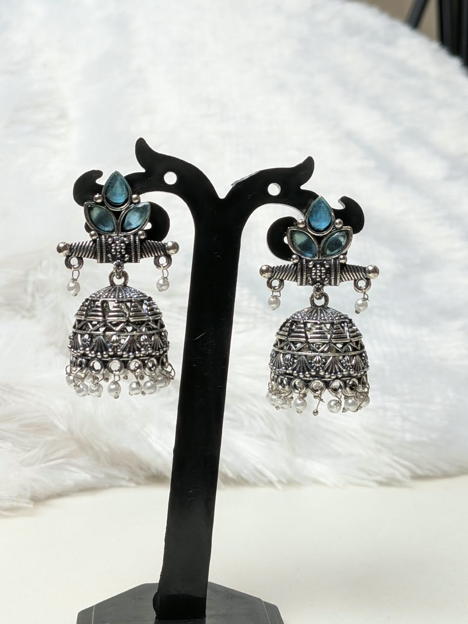 Teal Stone Silver Jhumka Earrings