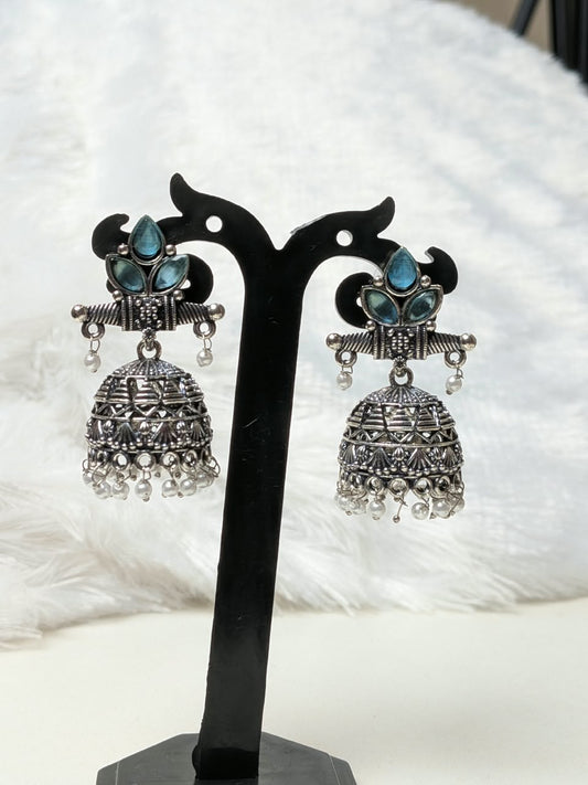 Teal Stone Silver Jhumka Earrings
