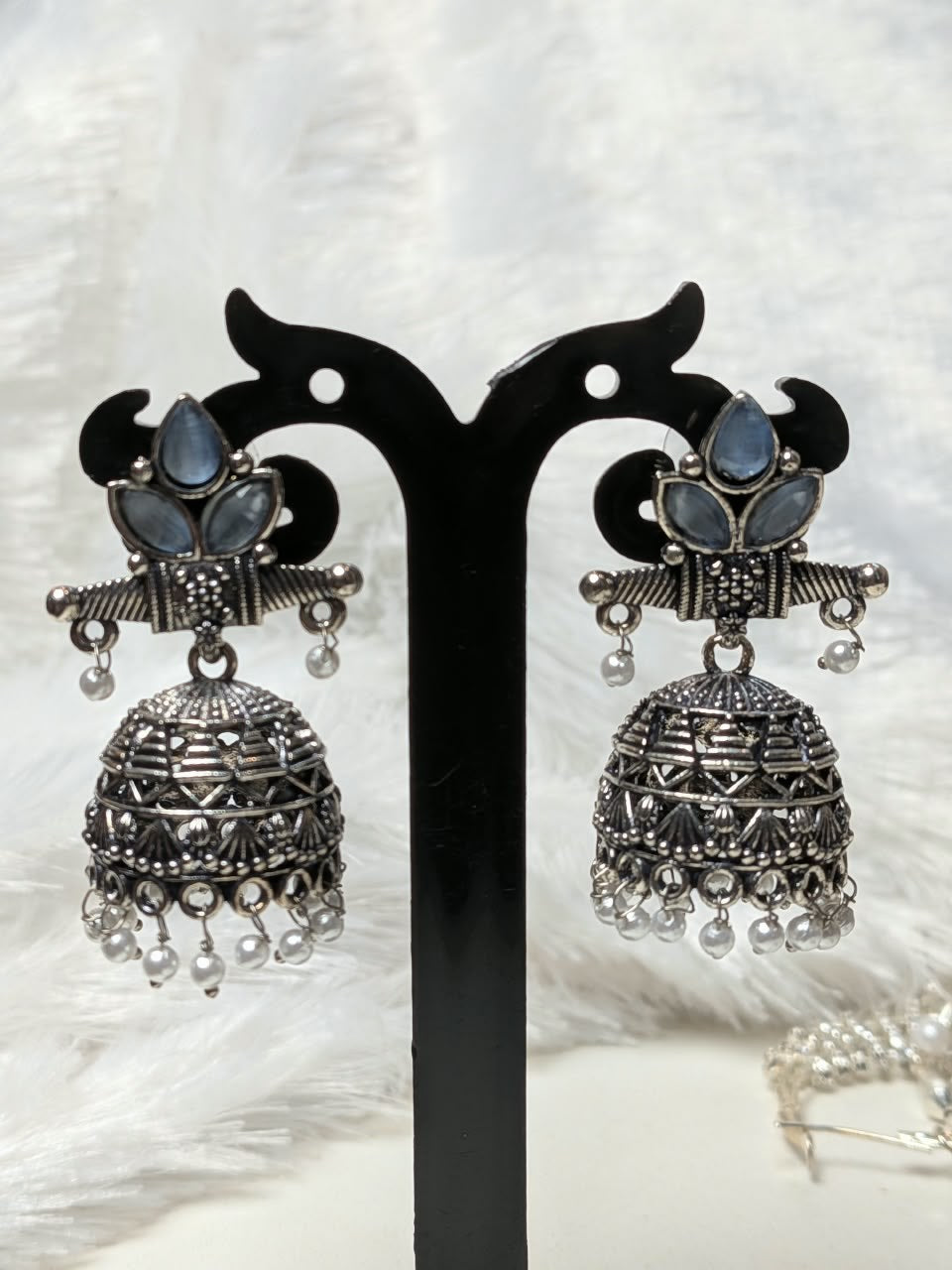 Small Grey Stone Silver Jhumka Earrings