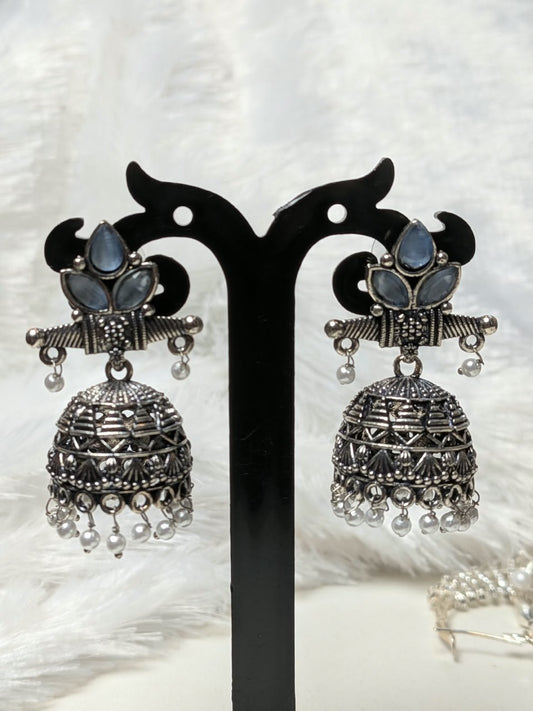 Small Grey Stone Silver Jhumka Earrings