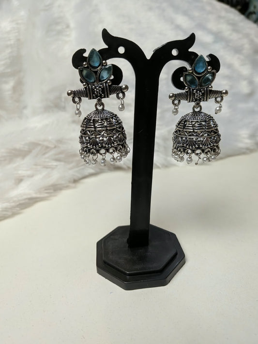 Small Teal Stone Silver Jhumka