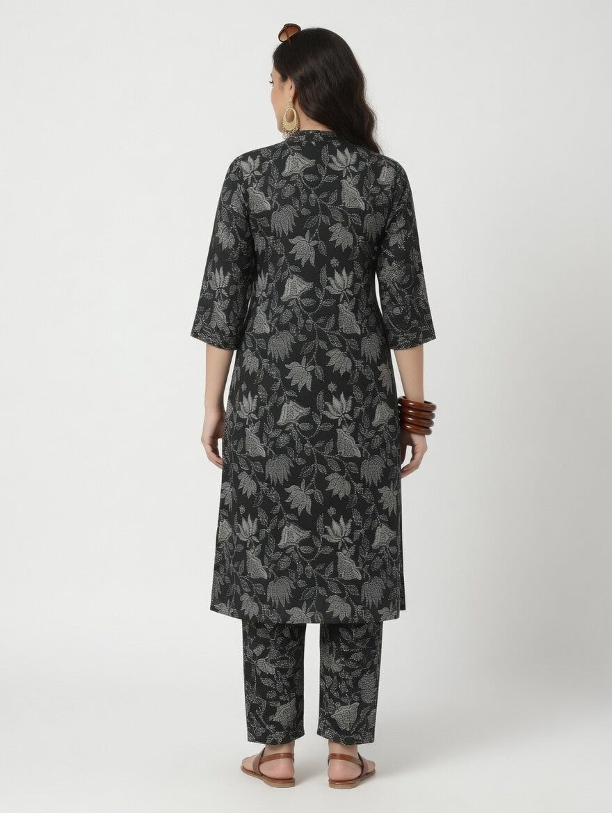 Black & Beige Floral Printed Co-Ord Set | V-Neck Kurta with Matching Palazzo
