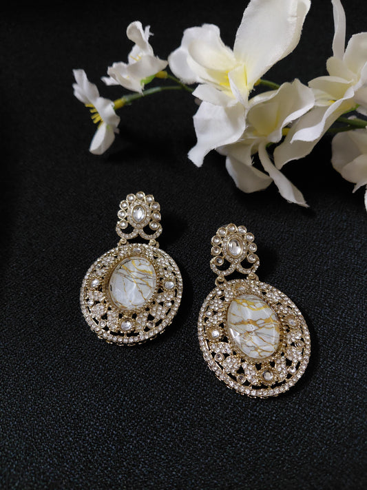 Golden Earrings with White or Blue Oval Stone