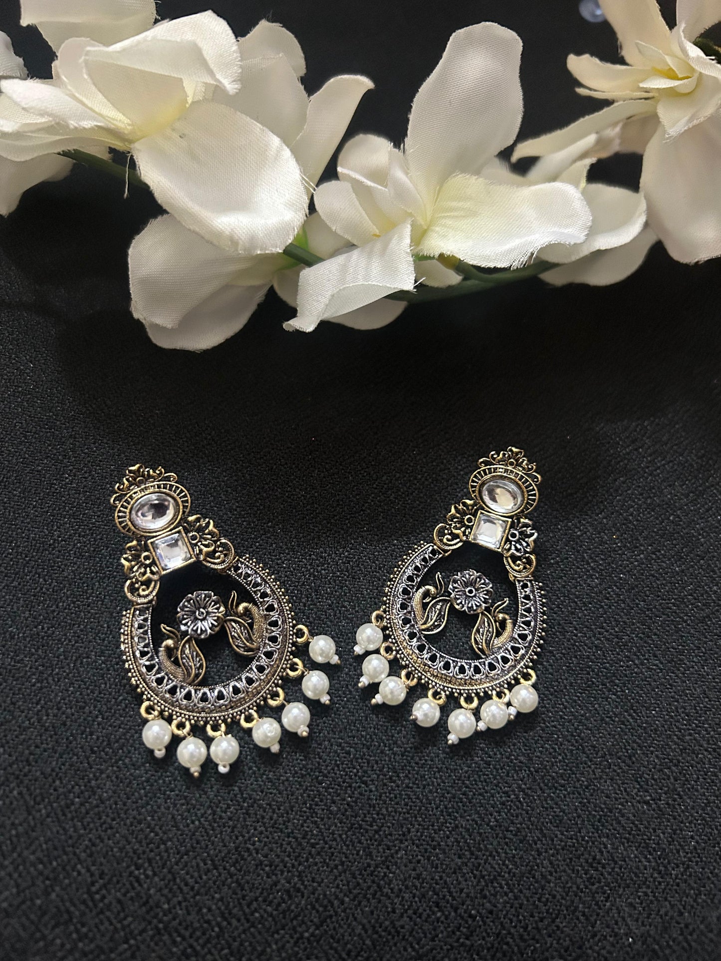 Black gold small flower 2 peacock Earring