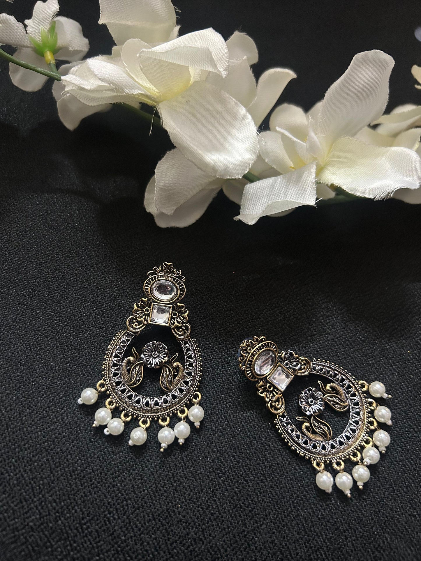 Black gold small flower 2 peacock Earring