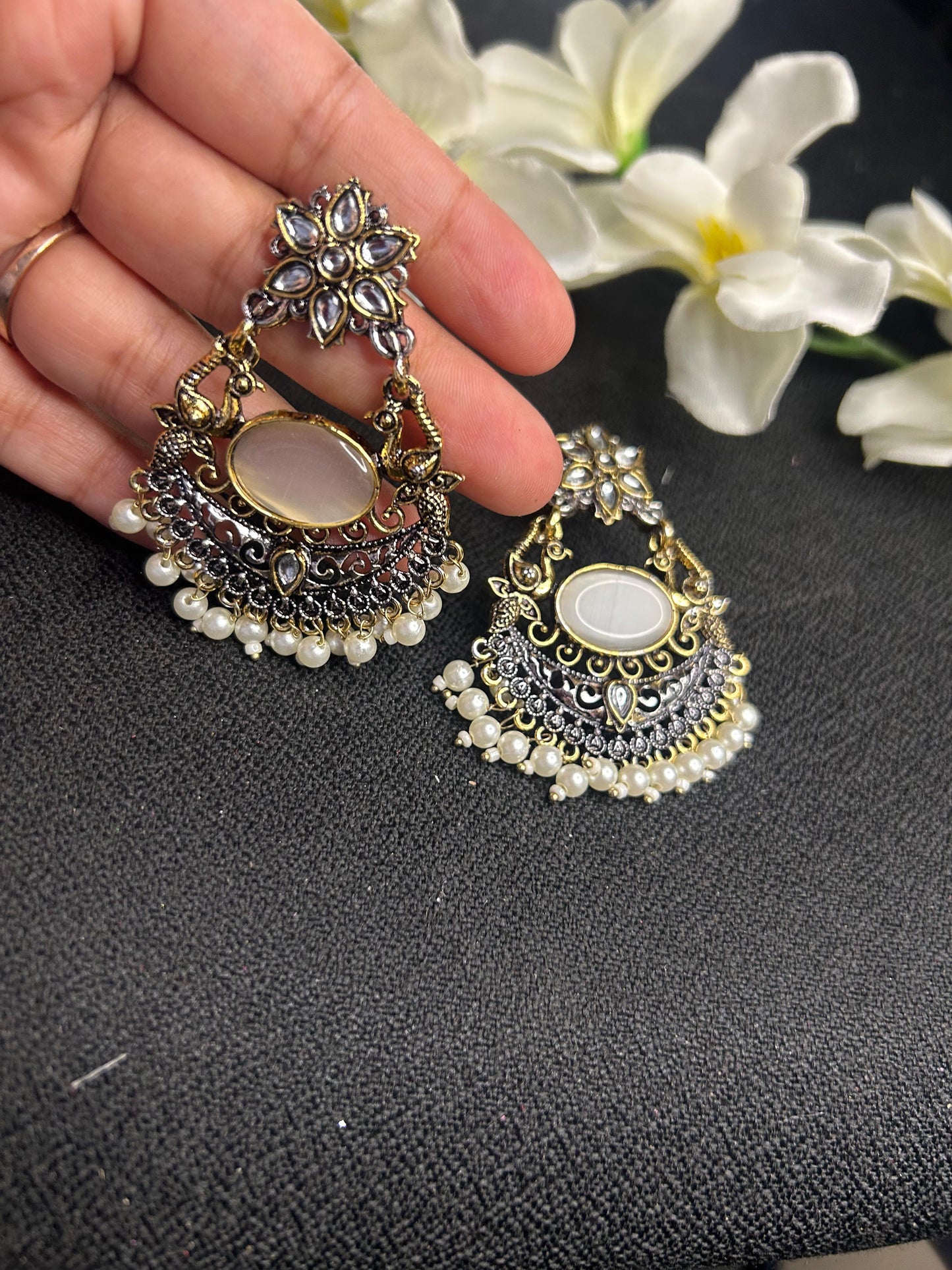 Black Gold Oval Stone Peacock Earring