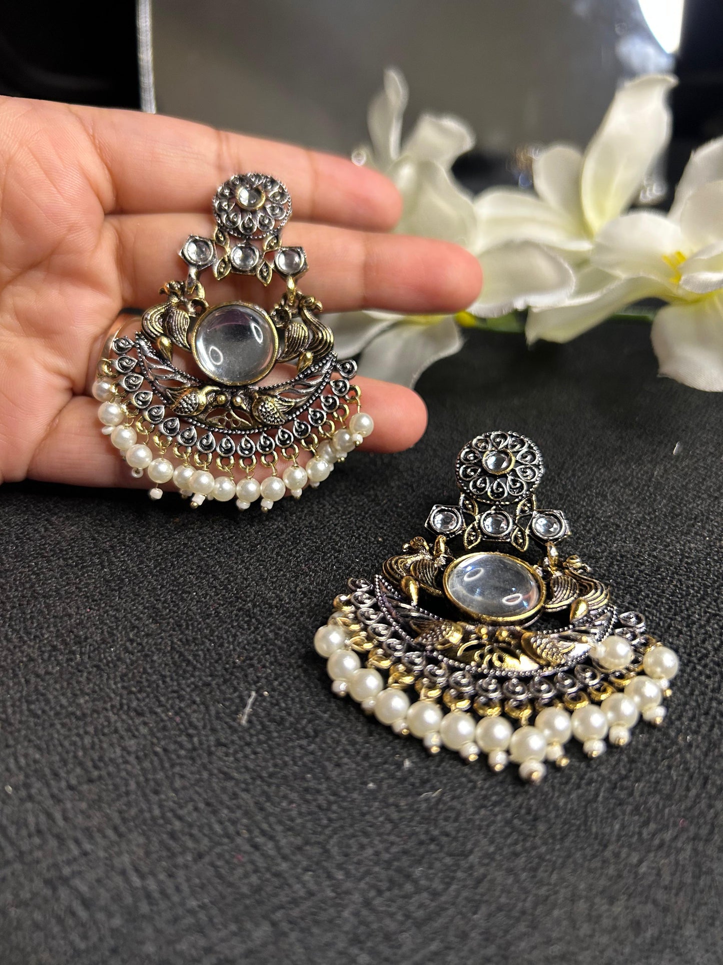 Black Gold Round Stone Peacock Earring