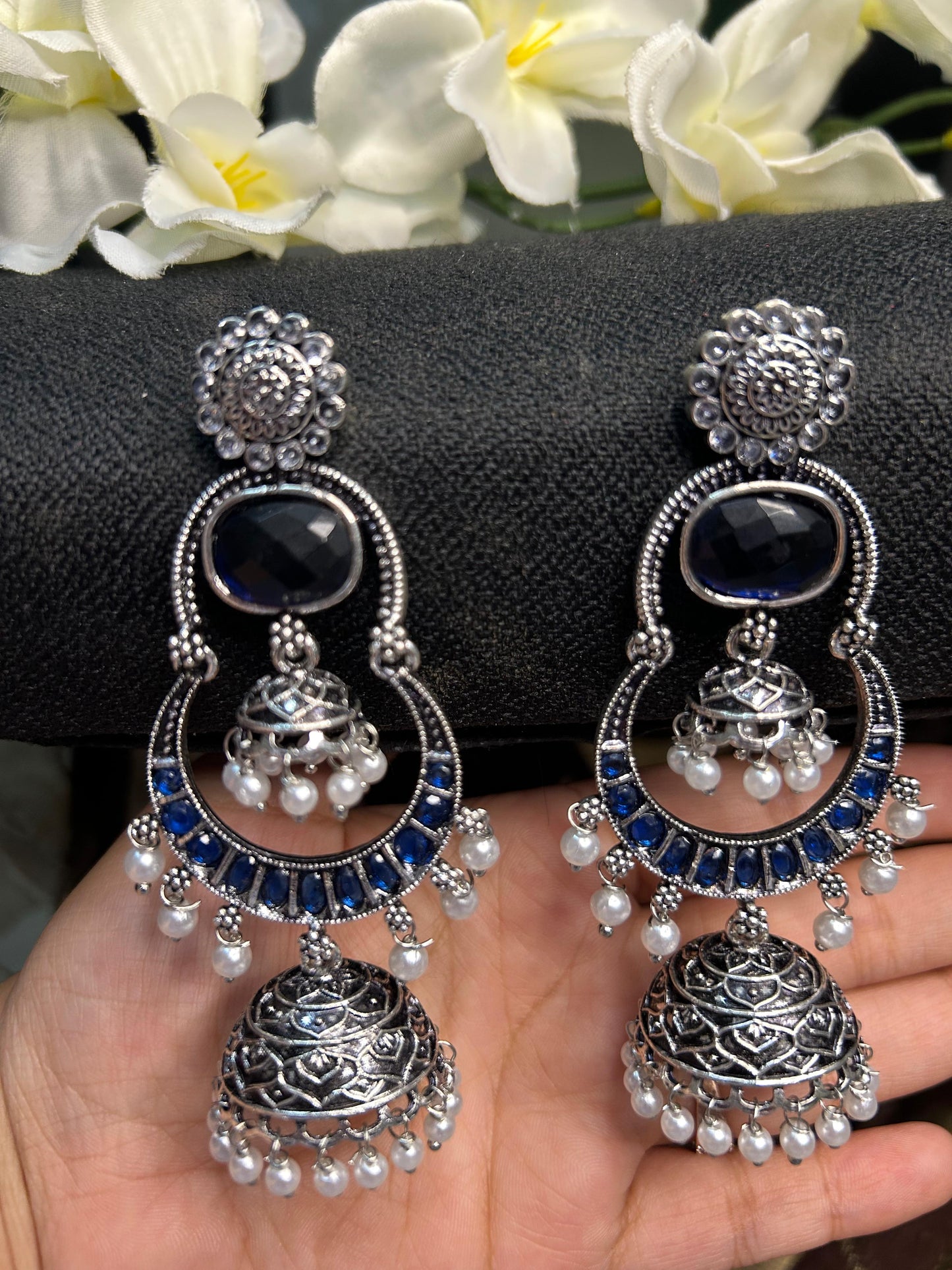 Dark Blue Silver Double Jhumka