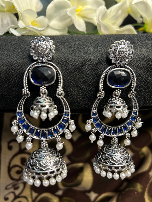 Dark Blue Silver Double Jhumka