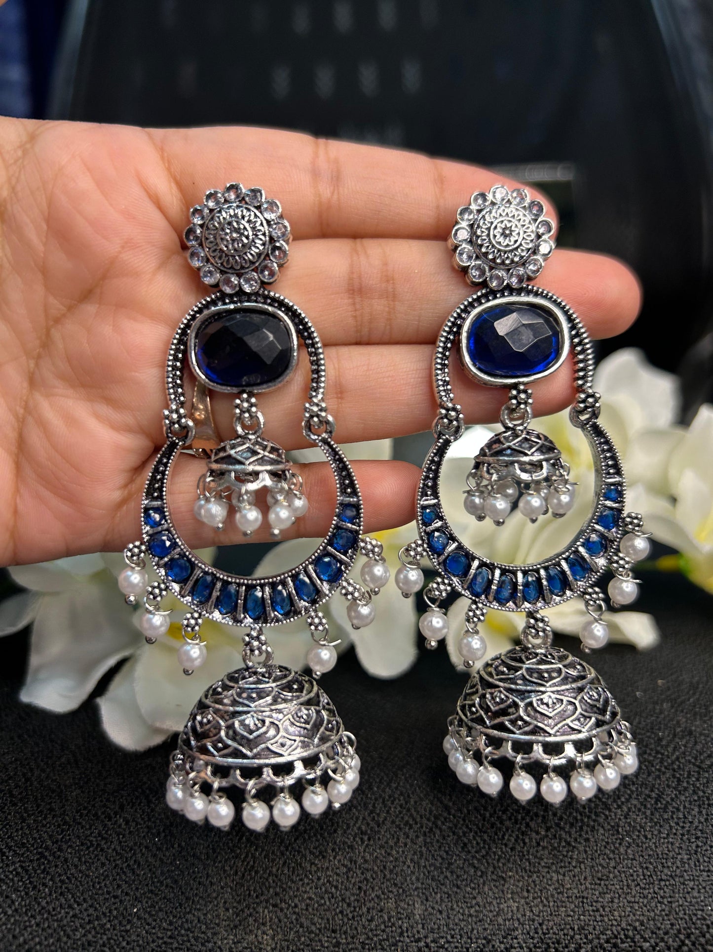 Dark Blue Silver Double Jhumka
