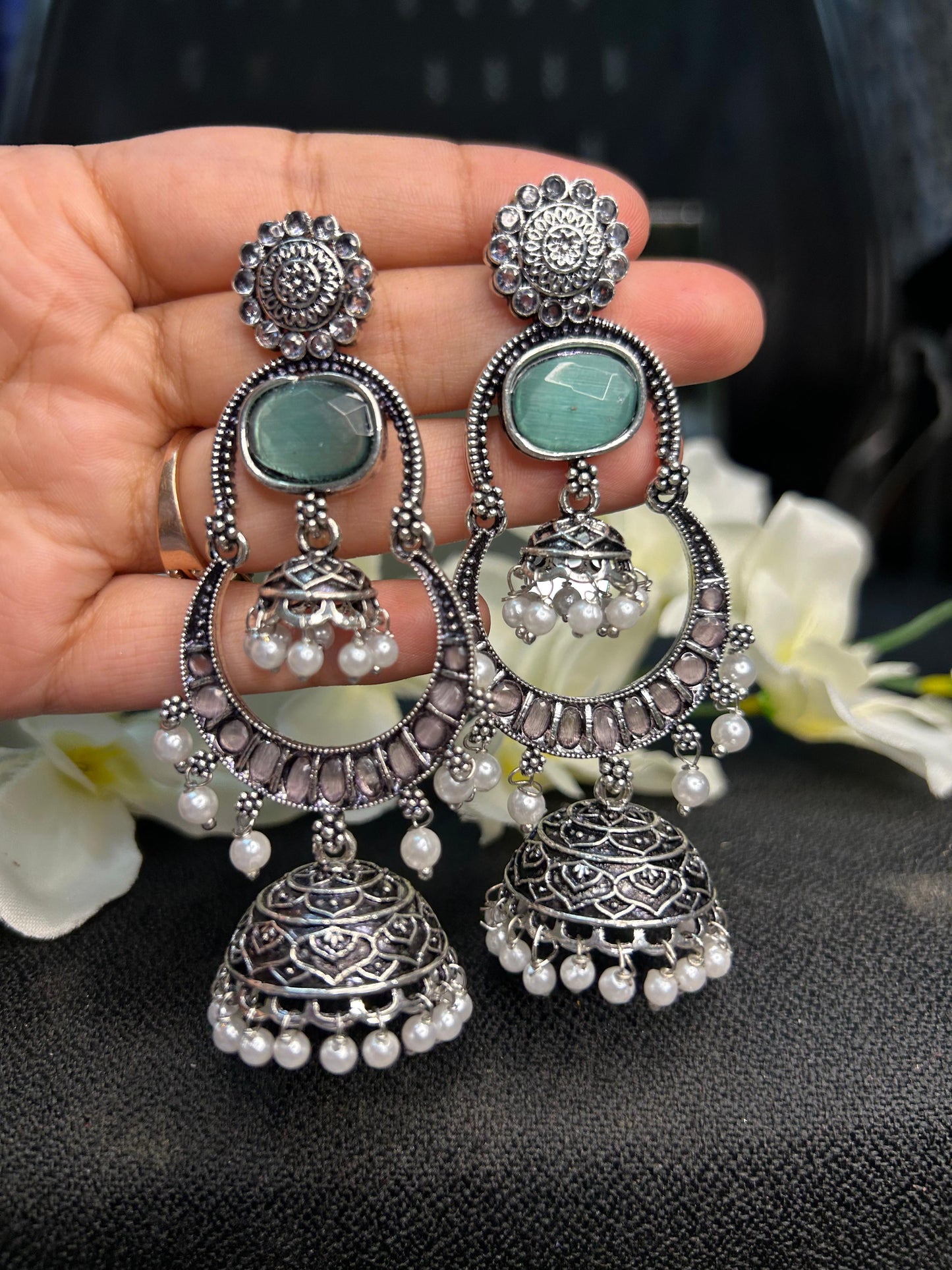 Teal Silver Double Jhumka